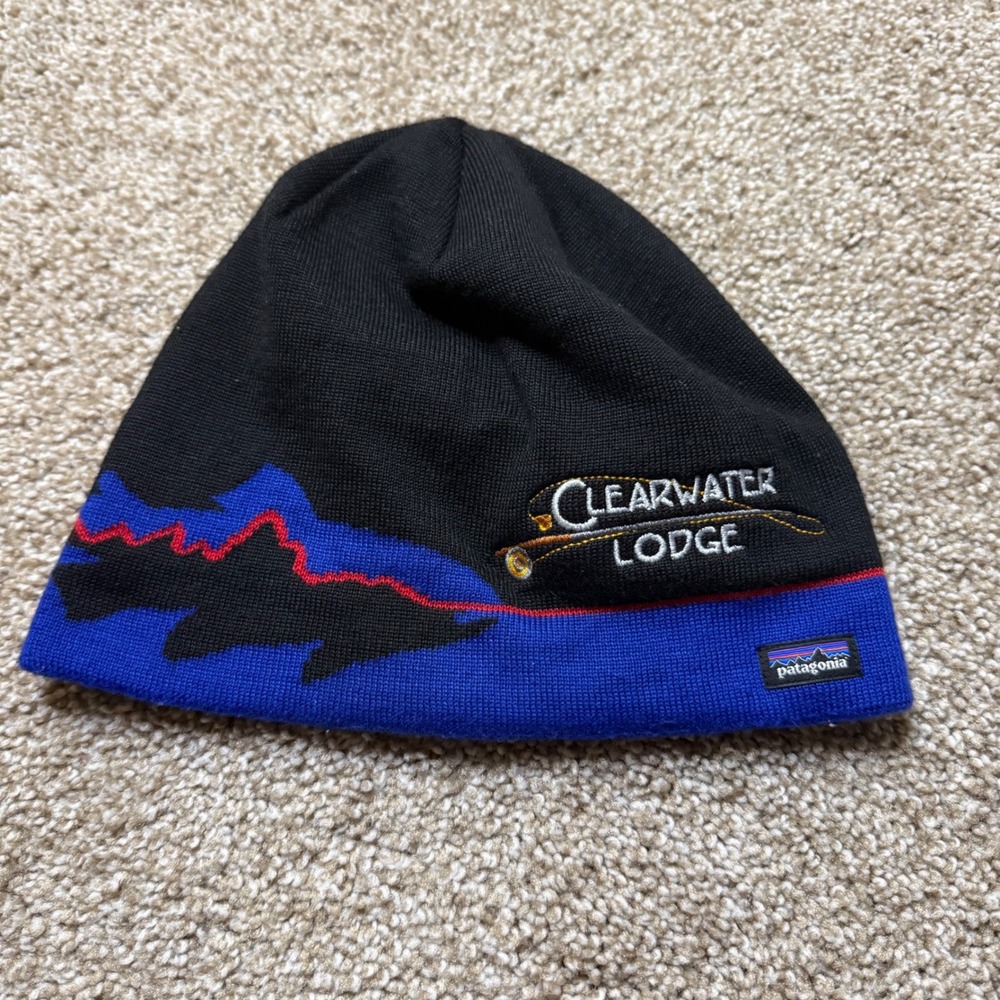 Patagonia Beanie Kids One Size Black Blue Clearwater Lodge Trout Knit Hat